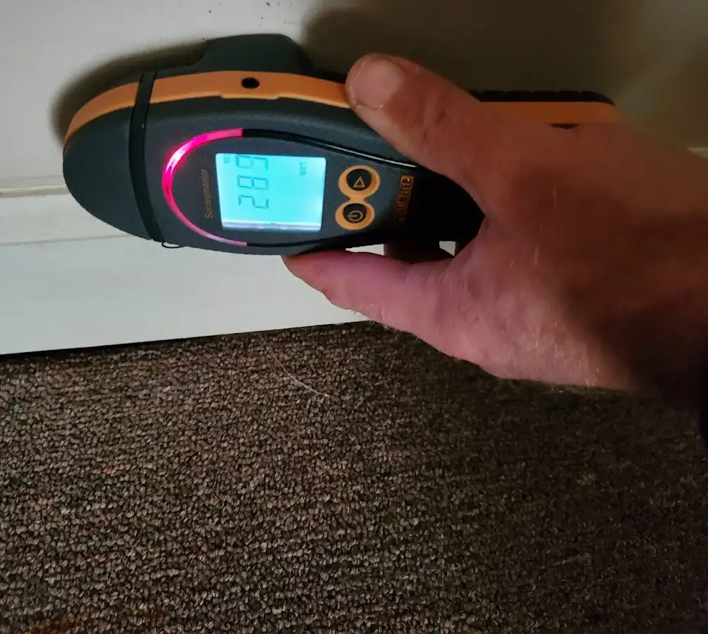 Moisture detection at baseboard during Storm Damage Restoration in Cedar Mill